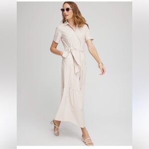 Chico's Cream and Taupe Striped Tiered Maxi Dress